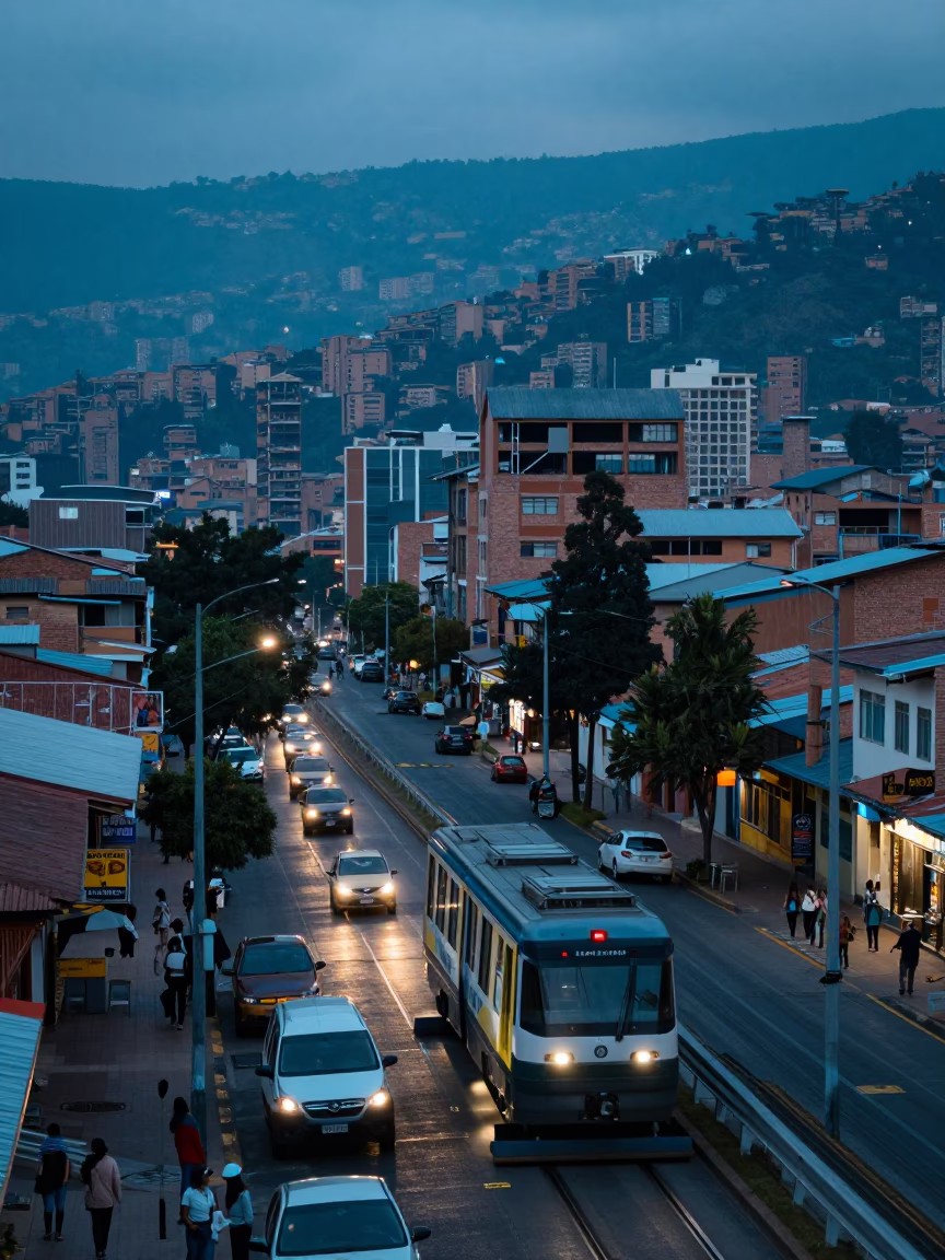 Medellin Colombia Blue Hour Monorail Sweeping Over River Street Life Before Sunrise in in Medellin, Colombia