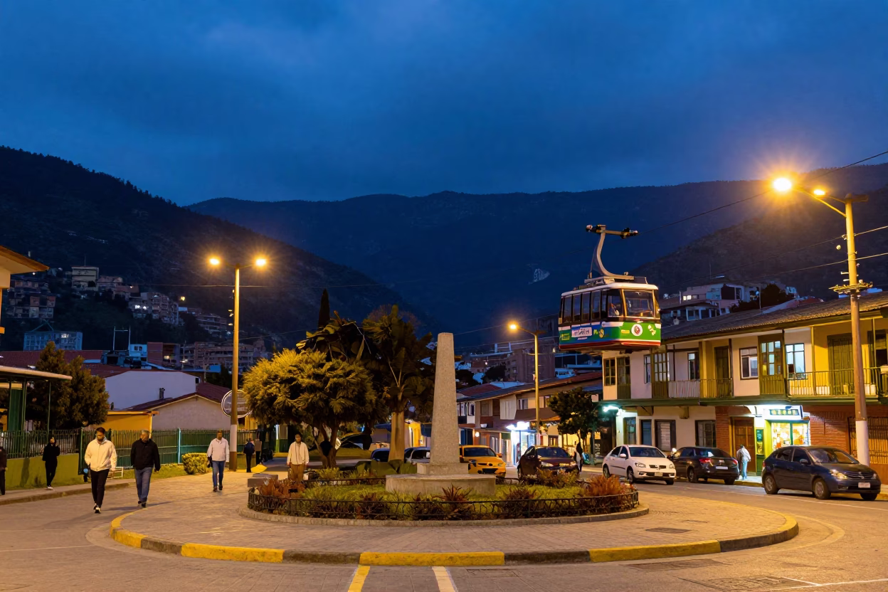 Medellin Colombia Blue Hour Street Scene with Cable Car Crossing Mountain Gorge in in Medellin, Colombia