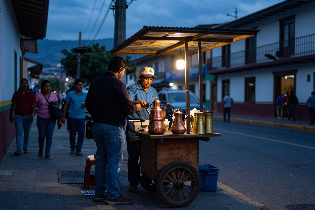 Medellin Colombia Blue Hour Street Scene with Copper Coffee Pot and Brass Plate in in Medellin, Colombia