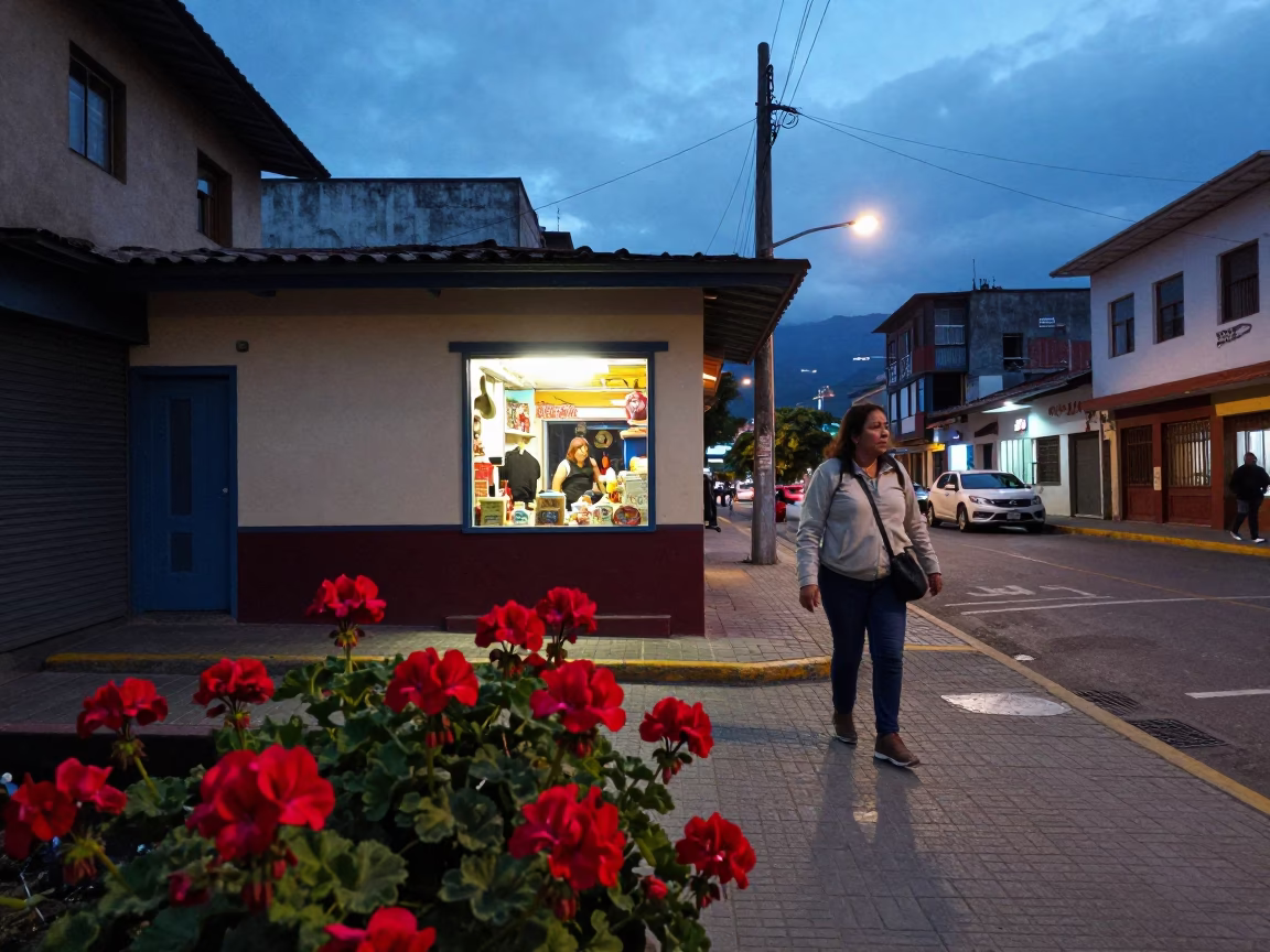 Medellin Colombia Blue Hour Street Scene with Geraniums and Urban Life in in Medellin, Colombia