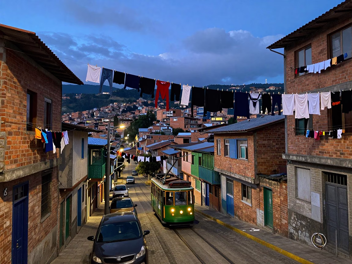 Medellin Colombia blue hour street scene with laundry and tramway gondola in Andes mountains in in Medellin, Colombia
