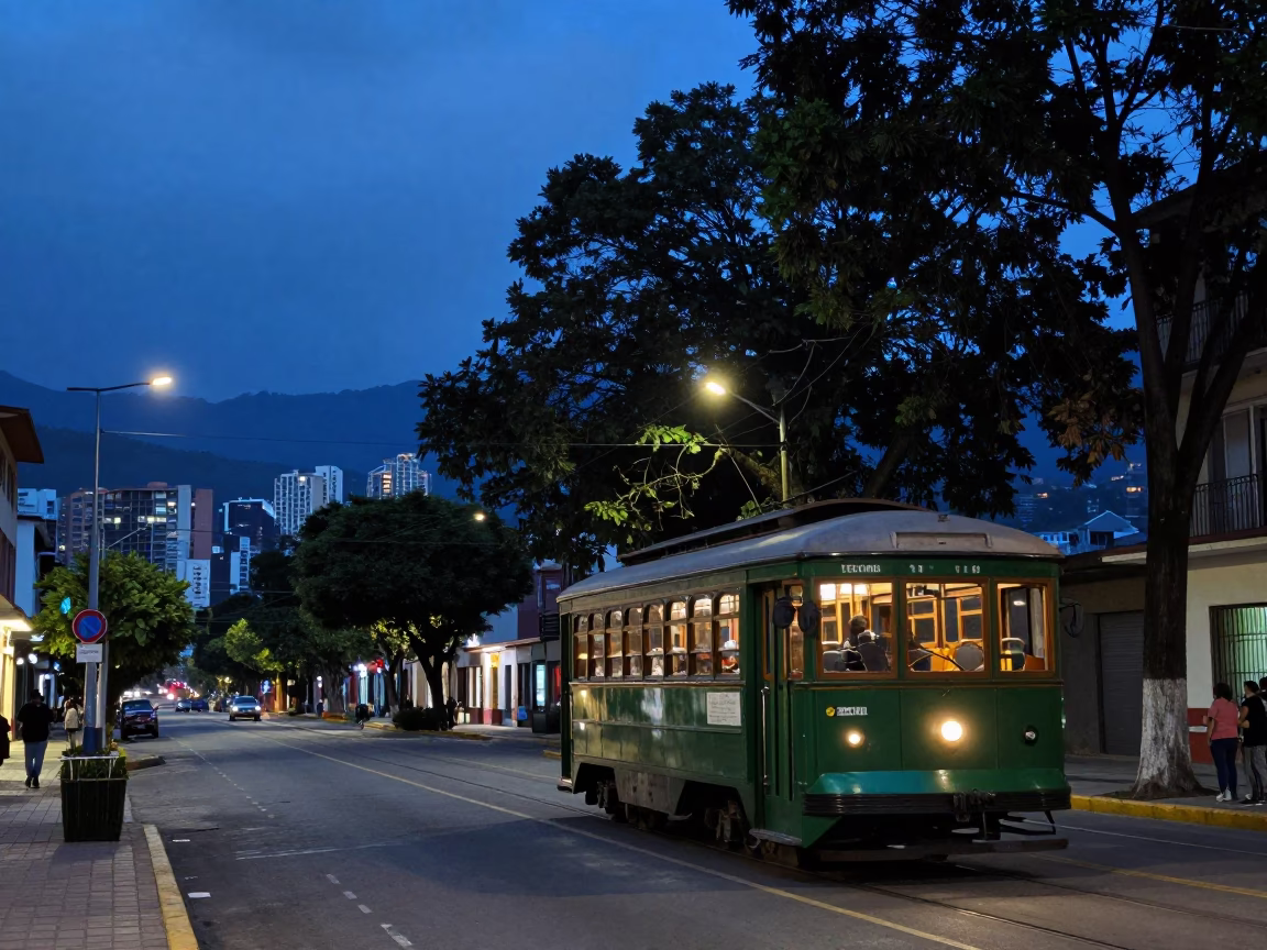 Medellin Colombia Blue Hour Street Scene with Old Trolley and Tree Lined Avenue in in Medellin, Colombia