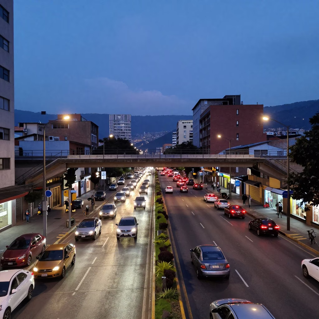 Medellin Colombia Blue Hour Street Scene with Overpass Interchange and Busy Traffic in in Medellin, Colombia