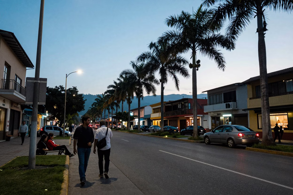Medellin Colombia Blue Hour Street Scene With Palm Avenue And Local Life in in Medellin, Colombia