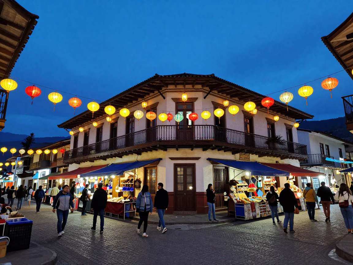 Medellin Colombia Blue Hour Street Scene with Paper Lanterns and Bustling Market in in Medellin, Colombia