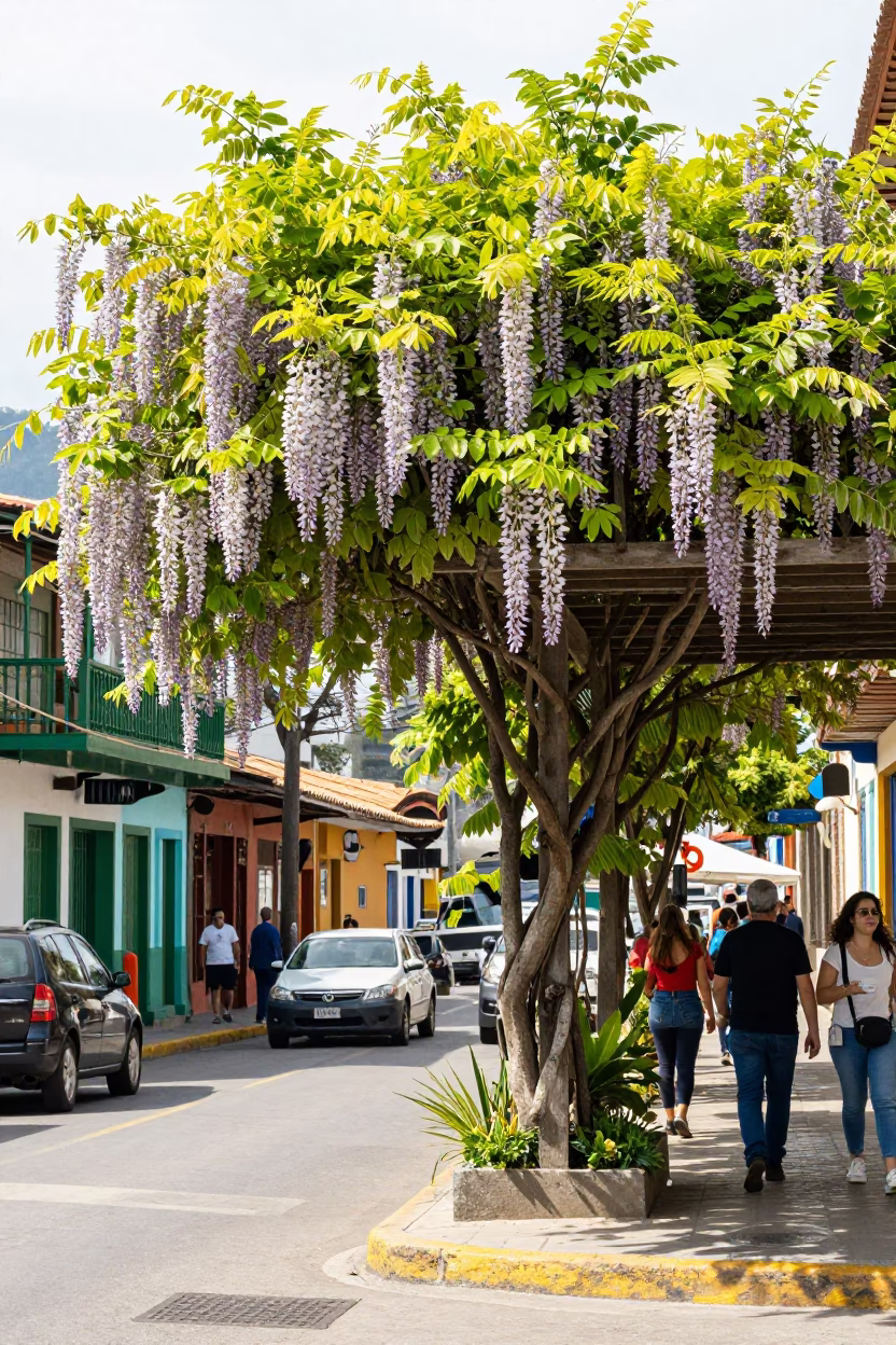 Medellin Colombia Bright Midmorning Street Scene with Wisteria Pergola and Lockbox in in Medellin, Colombia