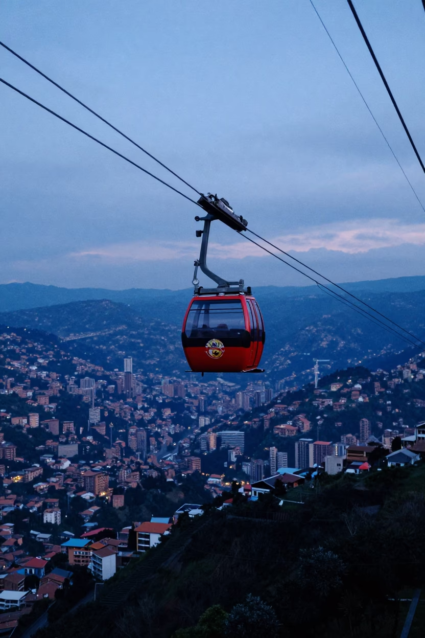 Medellin Colombia Cable Car Crossing Mountain Gorge in Indigo Twilight 1980s Style in in Medellin, Colombia
