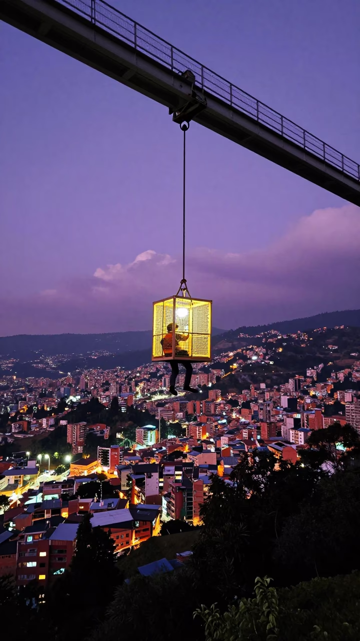 Medellin Colombia City Lights Glow Bridge Maintenance Cage Swinging in Evening Breeze in in Medellin, Colombia