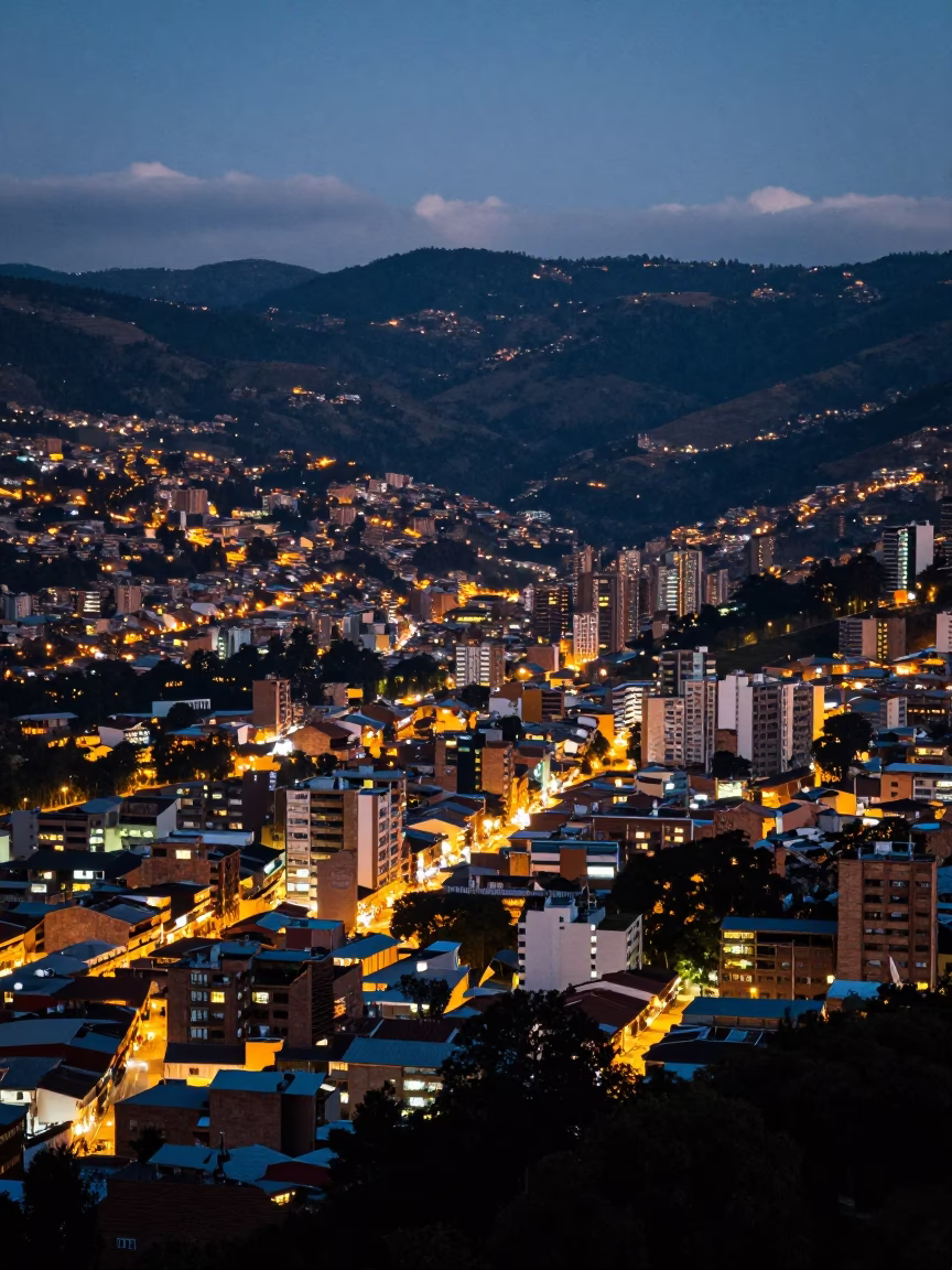 Medellin Colombia City Lights Glow Horizon View from Balcony at Dusk in in Medellin, Colombia