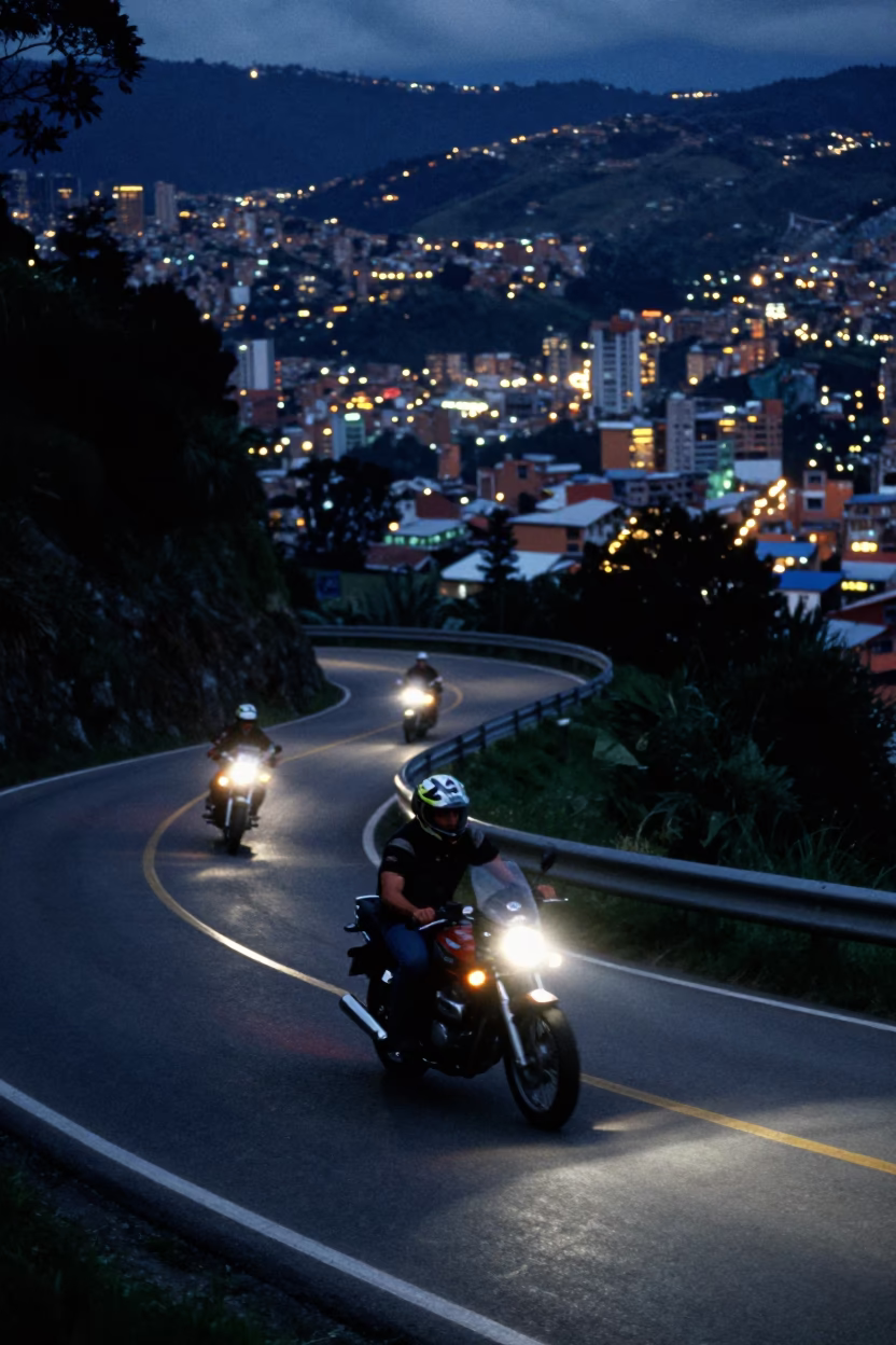 Medellin Colombia City Lights Glow Motorcycle Mountain Switchback Night Scene in in Medellin, Colombia