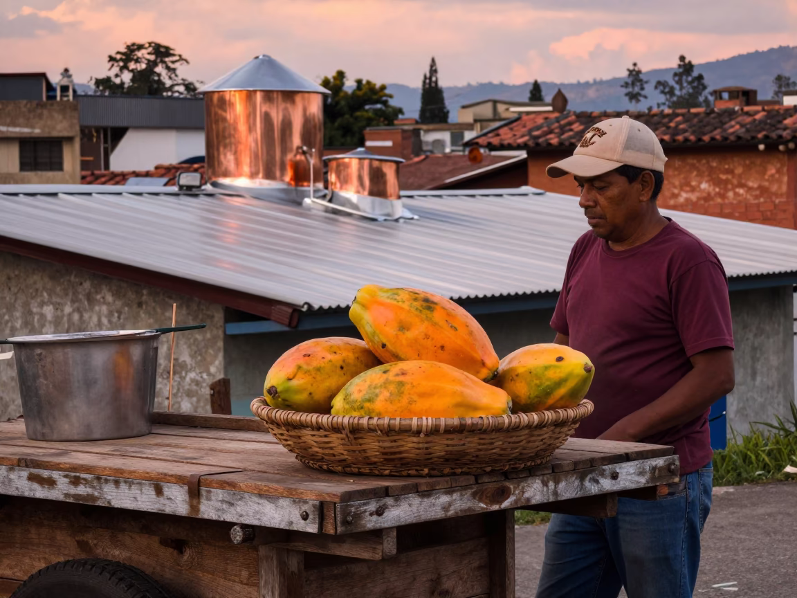 Medellin Colombia Copper Dusk Papayas and Brushed Steel Rooftop Water Tower in in Medellin, Colombia