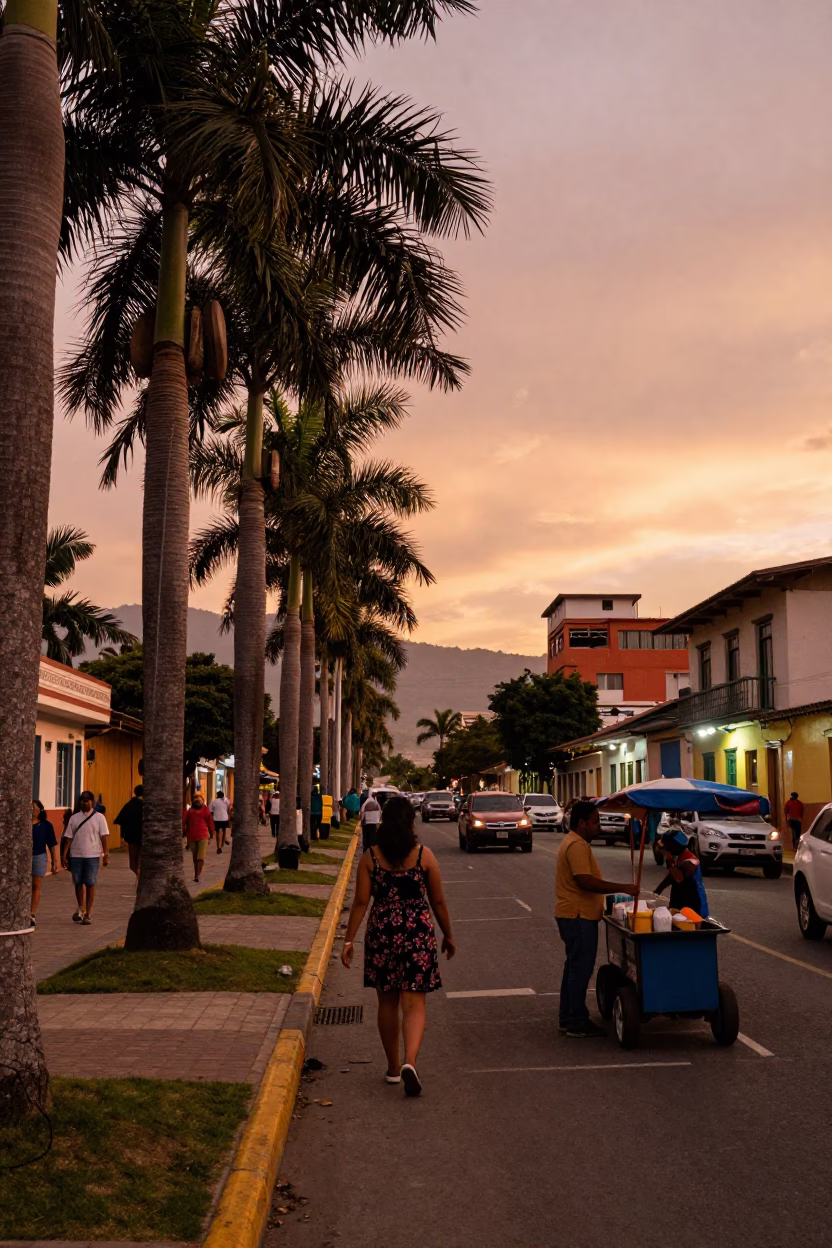 Medellin Colombia Copper Dusk Street Scene Palm Trees and Local Life in in Medellin, Colombia