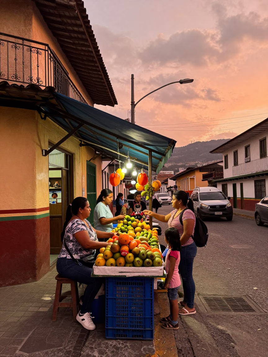 Medellin Colombia Copper Dusk Street Scene with Local Commerce and Urban Life in in Medellin, Colombia