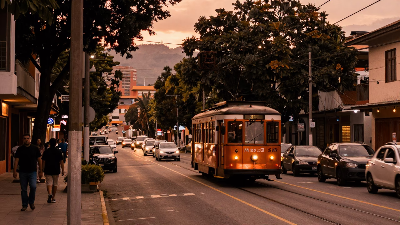 Medellin Colombia Copper Dusk Street Scene with Tramcar and Local Life in in Medellin, Colombia