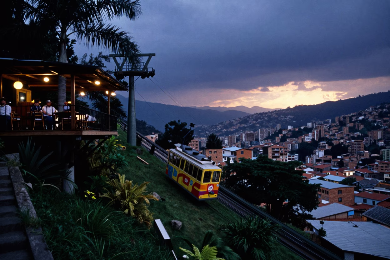 Medellin Colombia Dusk Street Scene with Funicular and Tropical Greenery in in Medellin, Colombia