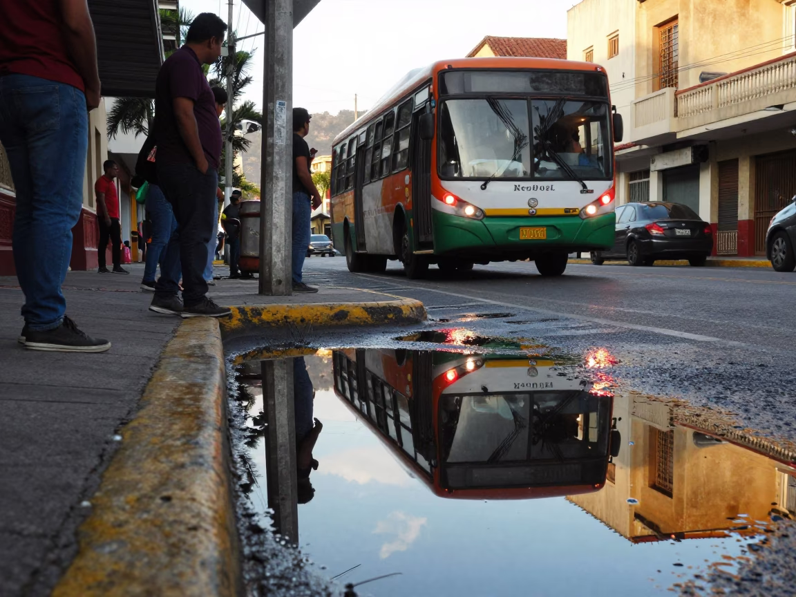 Medellin Colombia Early Afternoon Street Scene with Puddle Reflections and Hotel Windows in in Medellin, Colombia