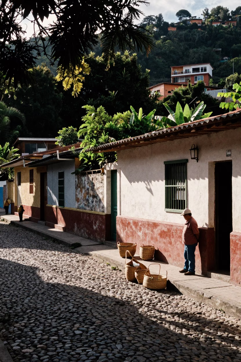 Medellin Colombia Early Afternoon Street Scene with Woven Baskets and Heritage Details in in Medellin, Colombia