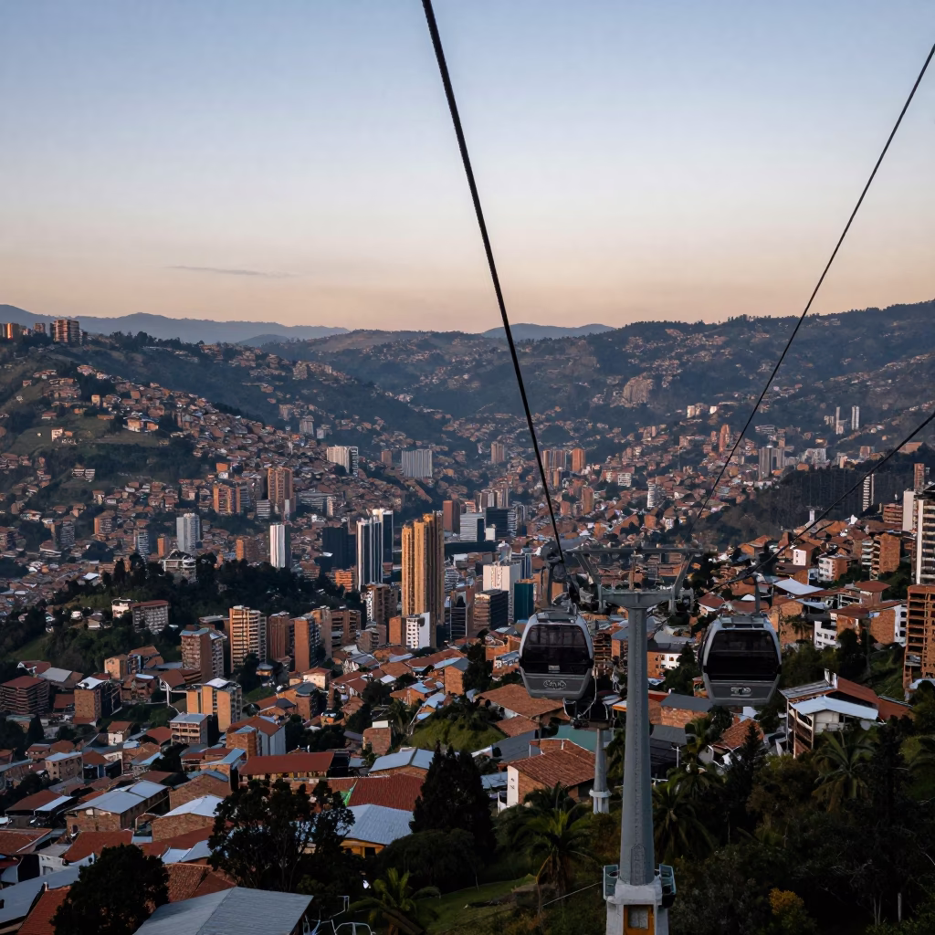Medellin Colombia Early Evening Landscape with Metrocable and Urban Hills in in Medellin, Colombia