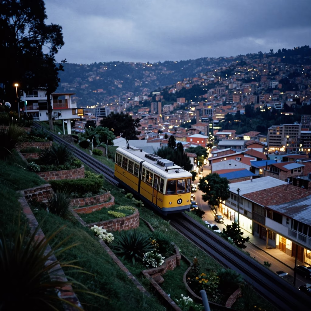 Medellin Colombia Early Evening Street Scene with Funicular and Local Life in in Medellin, Colombia
