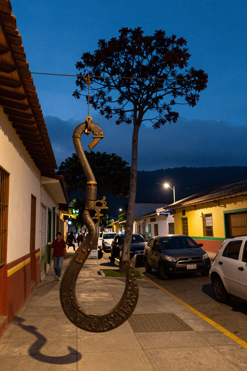 Medellin Colombia Early Evening Street Scene with Iron Hook and Euphorbia Candelabra Tree in in Medellin, Colombia