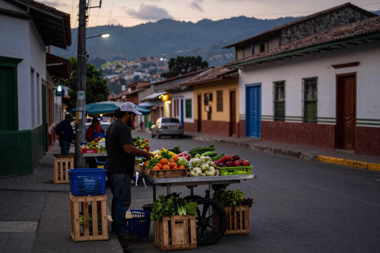Medellin Colombia Early Evening Street Scene with Local Market Activity in in Medellin, Colombia