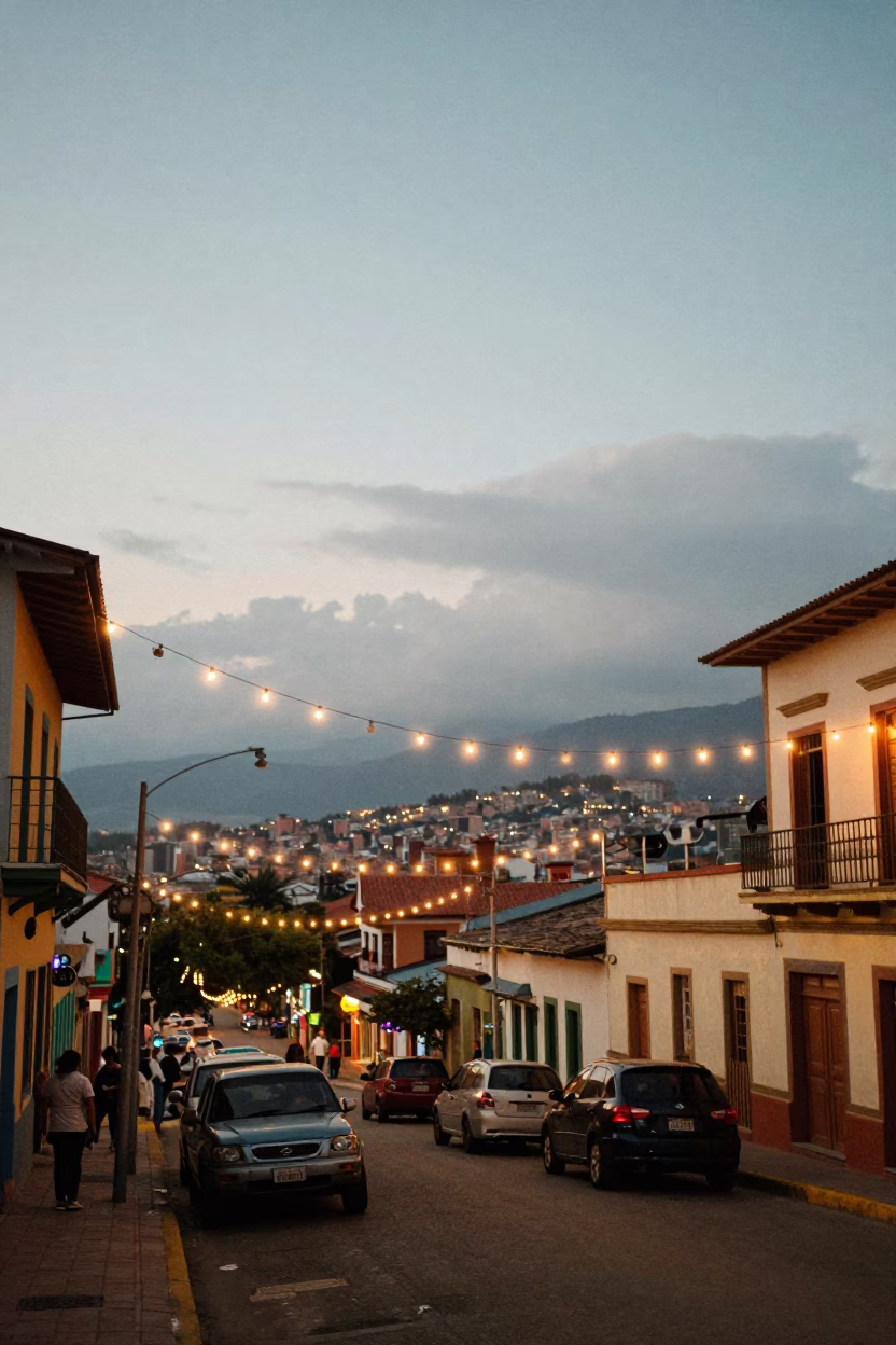 Medellin Colombia Early Evening Street Scene with String Lights and Local Life in in Medellin, Colombia