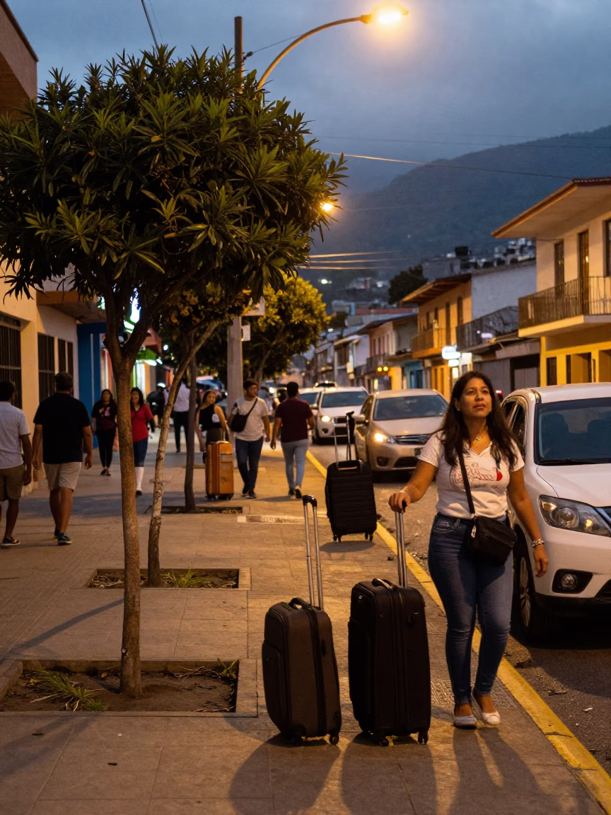 Medellin Colombia Early Evening Street Scene with Suitcases and Local Life in in Medellin, Colombia