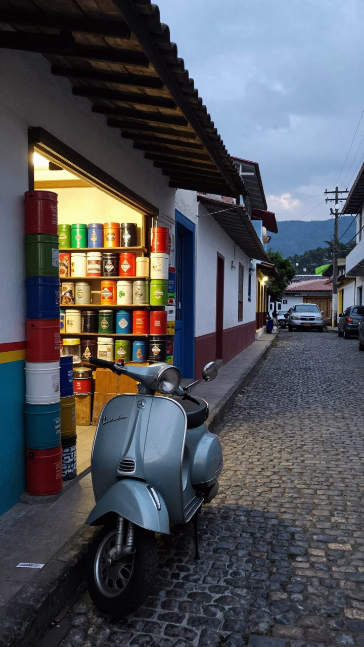 Medellin Colombia Early Evening Street Scene with Vintage Vespa and Cobblestone Lane in in Medellin, Colombia