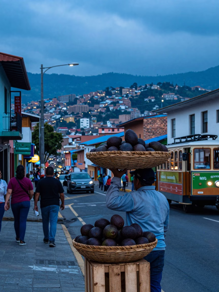 Medellin Colombia Evening Cable Car View with Avocados and Condensation in in Medellin, Colombia