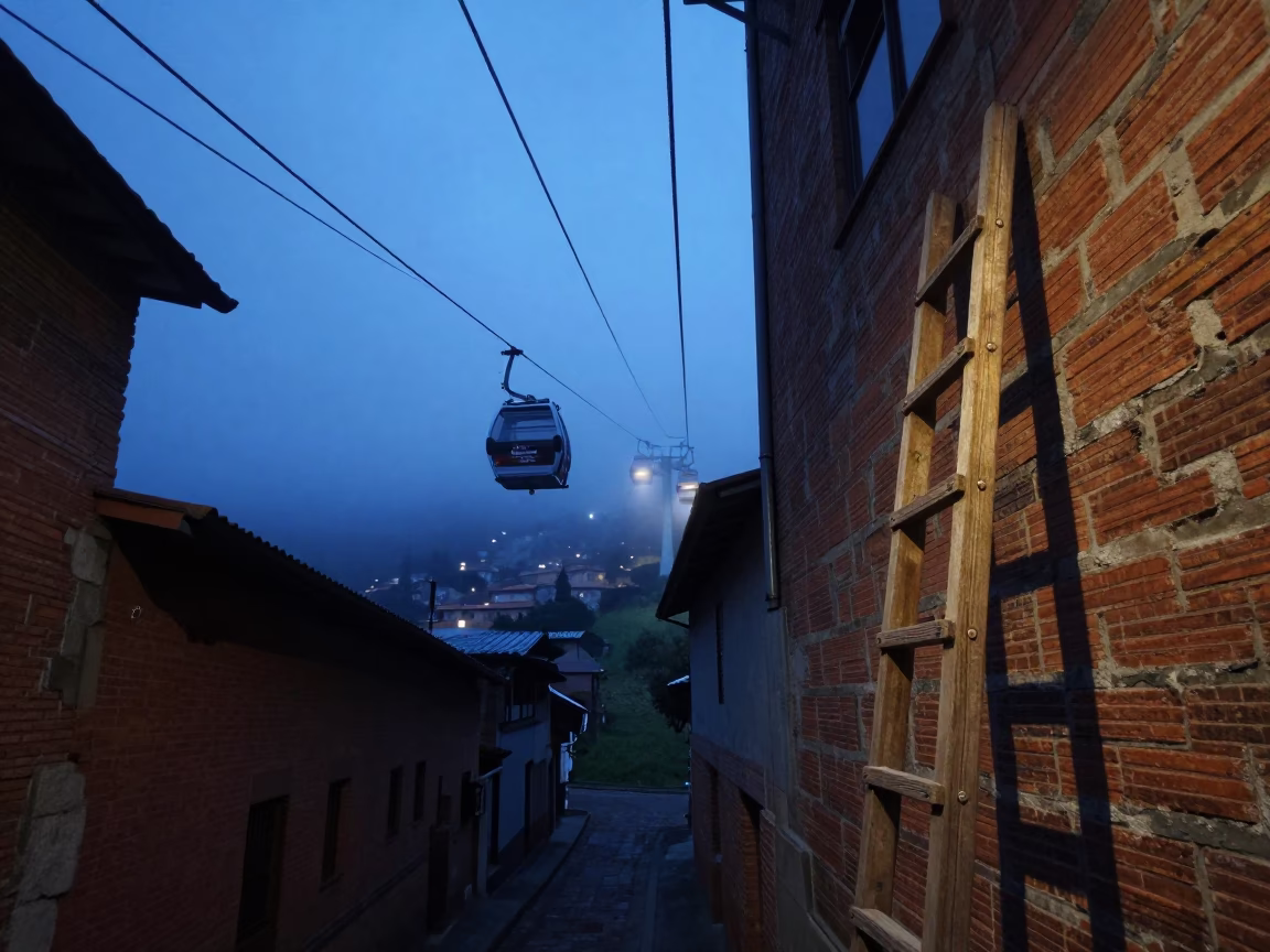 Medellin Colombia evening gondola lift ascent through blue light mist with street scene in in Medellin, Colombia