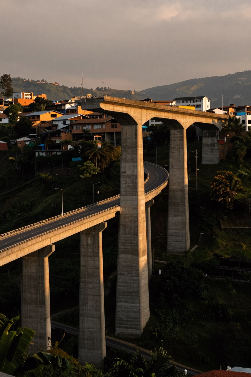 Medellin Colombia Evening Light Concrete Viaduct Curving Valley Floor in in Medellin, Colombia