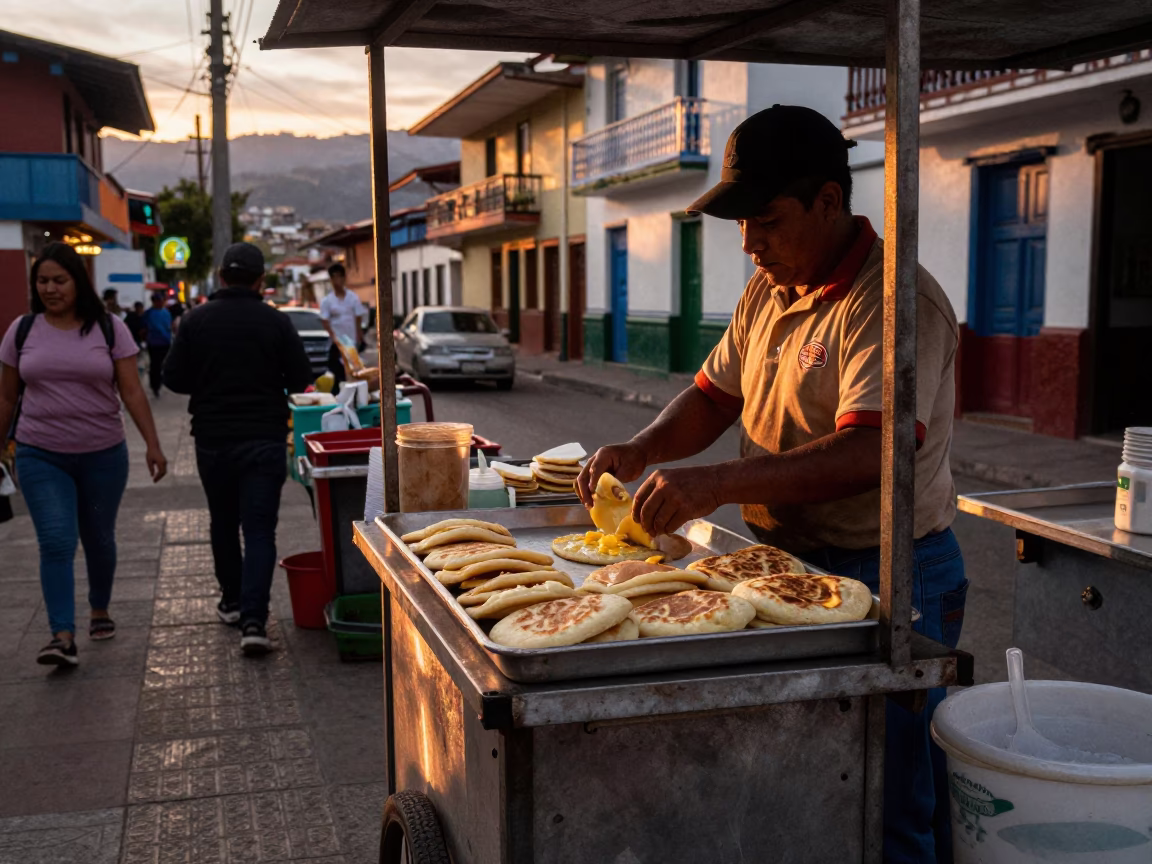 Medellin Colombia Evening Street Scene with Arepas and Local Life in in Medellin, Colombia