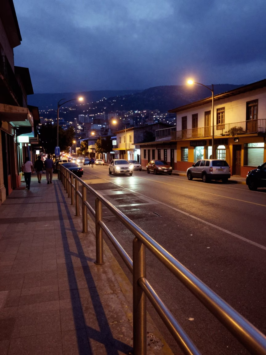 Medellin Colombia Evening Street Scene with Brushed Steel Rail and Urban Architecture in in Medellin, Colombia