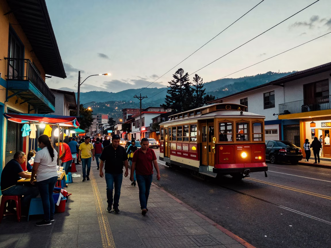 Medellin Colombia Evening Street Scene With Cable Car And Local Food in in Medellin, Colombia
