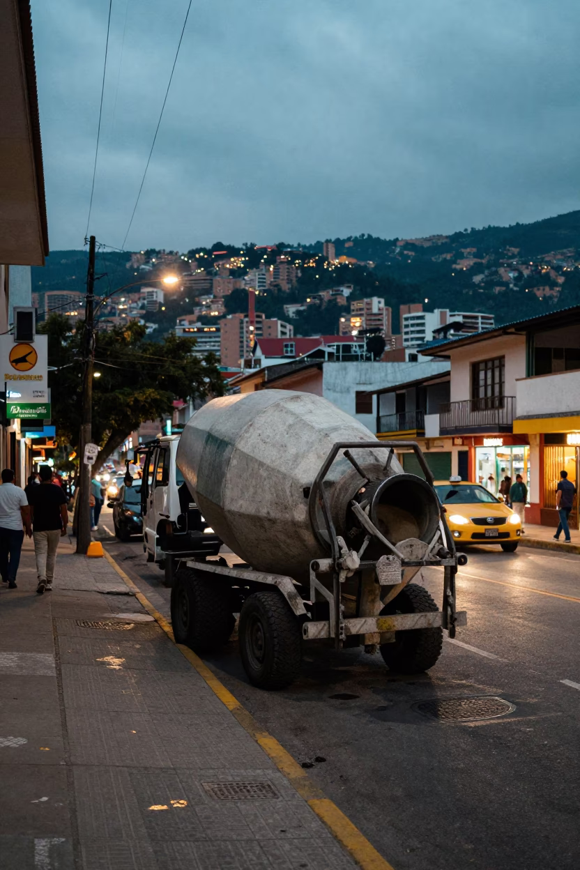 Medellin Colombia Evening Street Scene with Cement Mixer and Local Traffic in in Medellin, Colombia