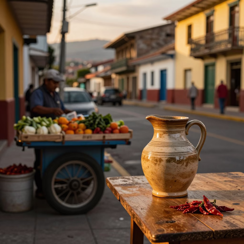 Medellin Colombia Evening Street Scene with Ceramic Pitcher and Chili Peppers in in Medellin, Colombia