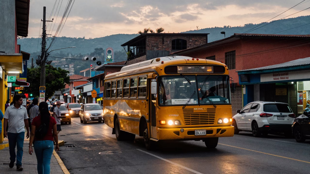 Medellin Colombia Evening Street Scene With Classic Bus And Local Market Life in in Medellin, Colombia