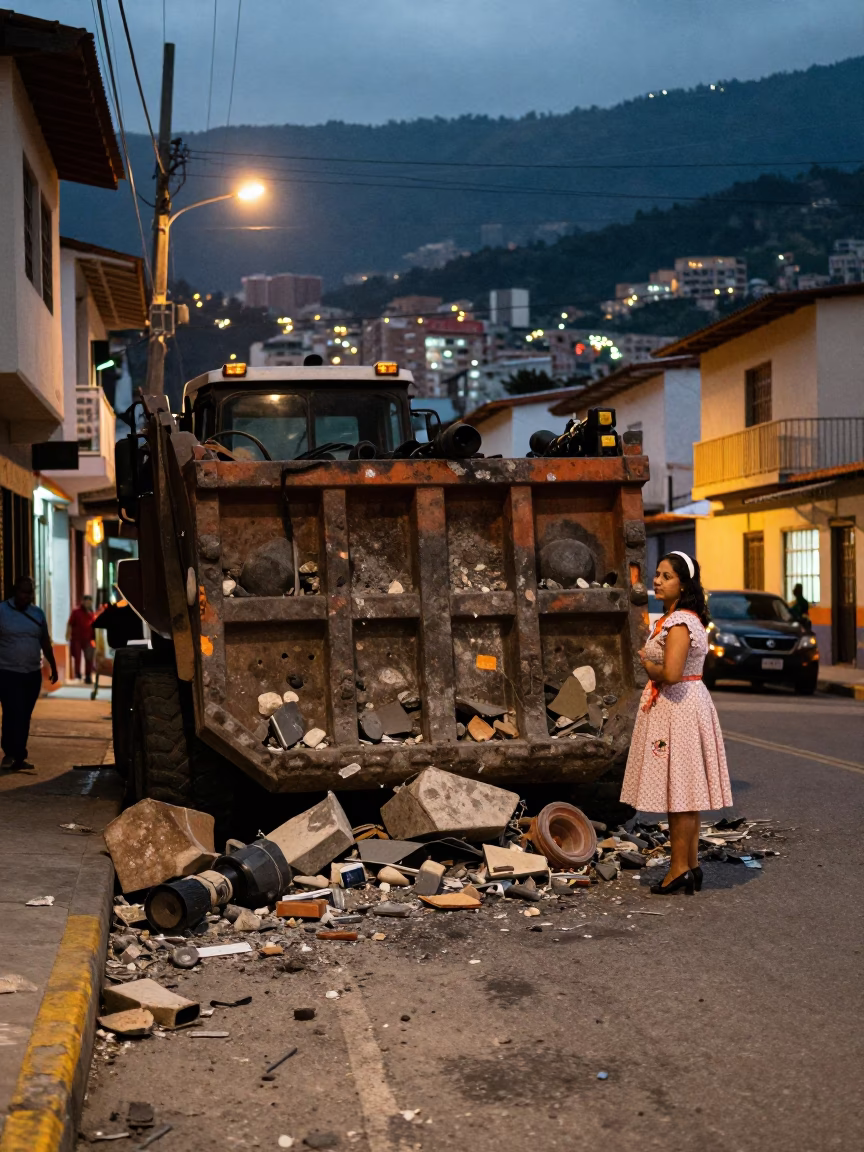 Medellin Colombia Evening Street Scene with Demolition Dumpster and Local Interaction in in Medellin, Colombia