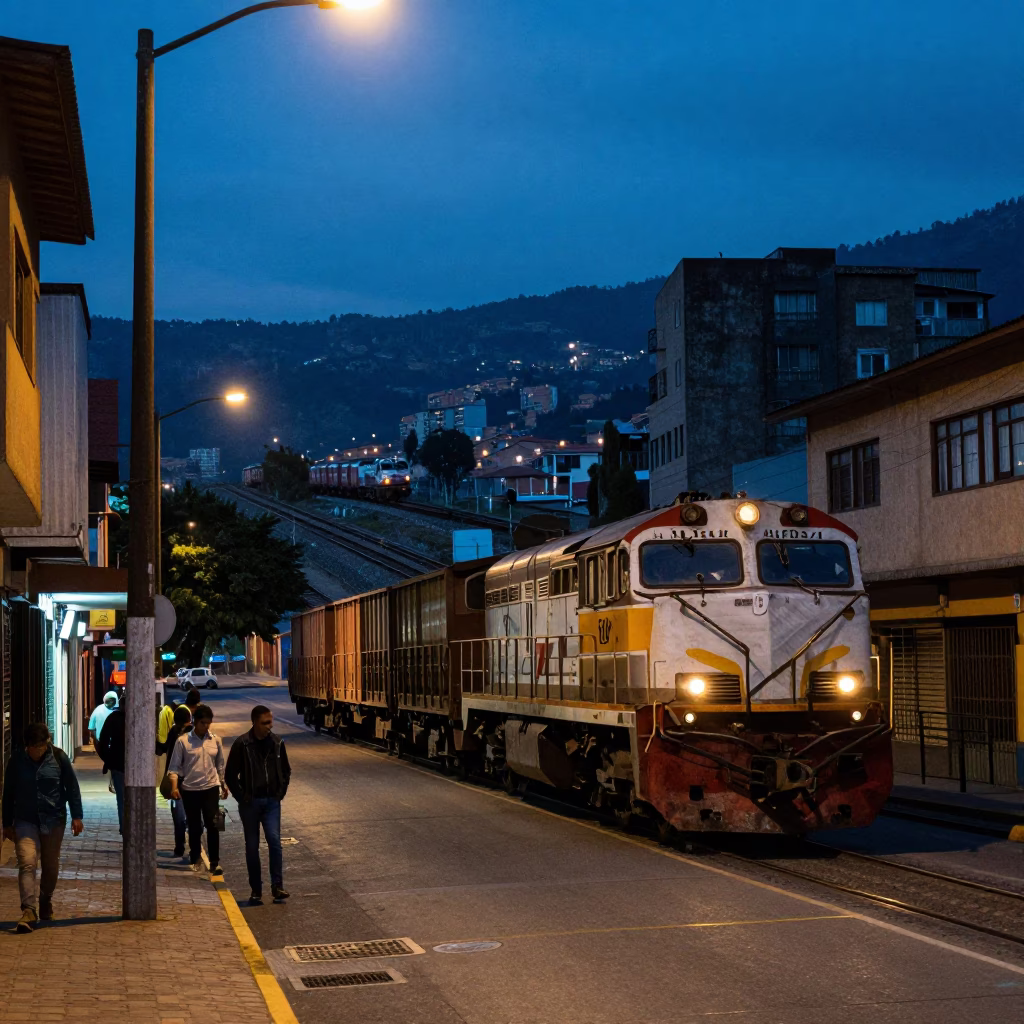Medellin Colombia Evening Street Scene with Freight Train and Urban Life in in Medellin, Colombia
