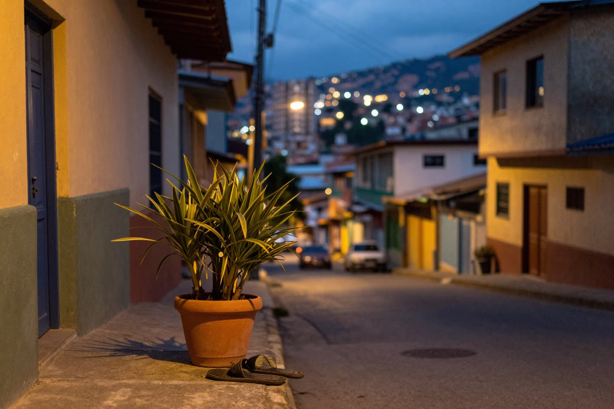 Medellin Colombia Evening Street Scene With Houseplant And Slippers in in Medellin, Colombia