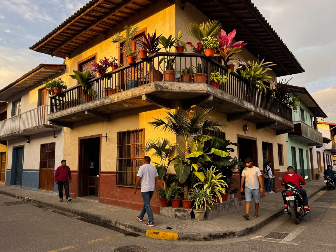 Medellin Colombia Evening Street Scene with Houseplants and Local Life in in Medellin, Colombia