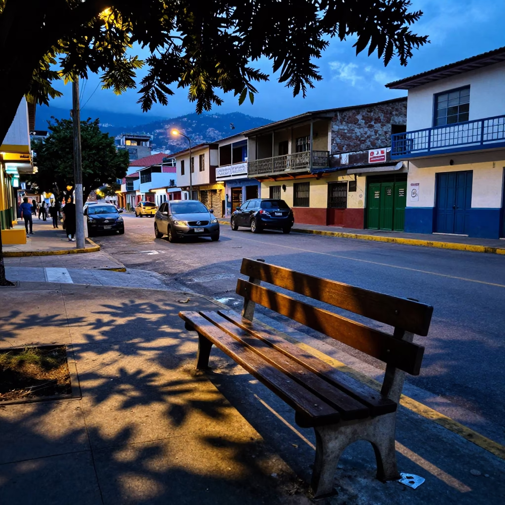 Medellin Colombia Evening Street Scene with Leaf Shadows and Local Activity in in Medellin, Colombia