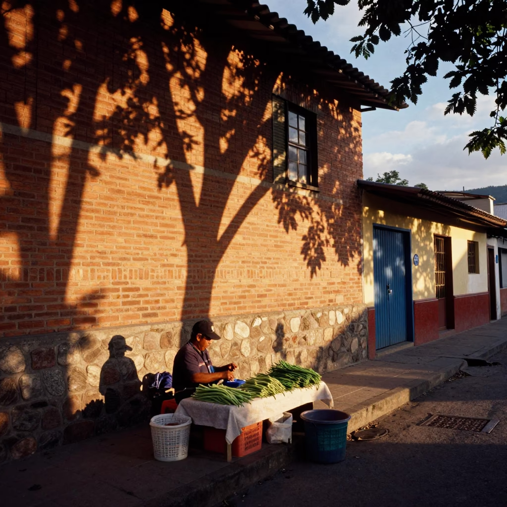 Medellin Colombia evening street scene with leaf shadows and local market activity in in Medellin, Colombia