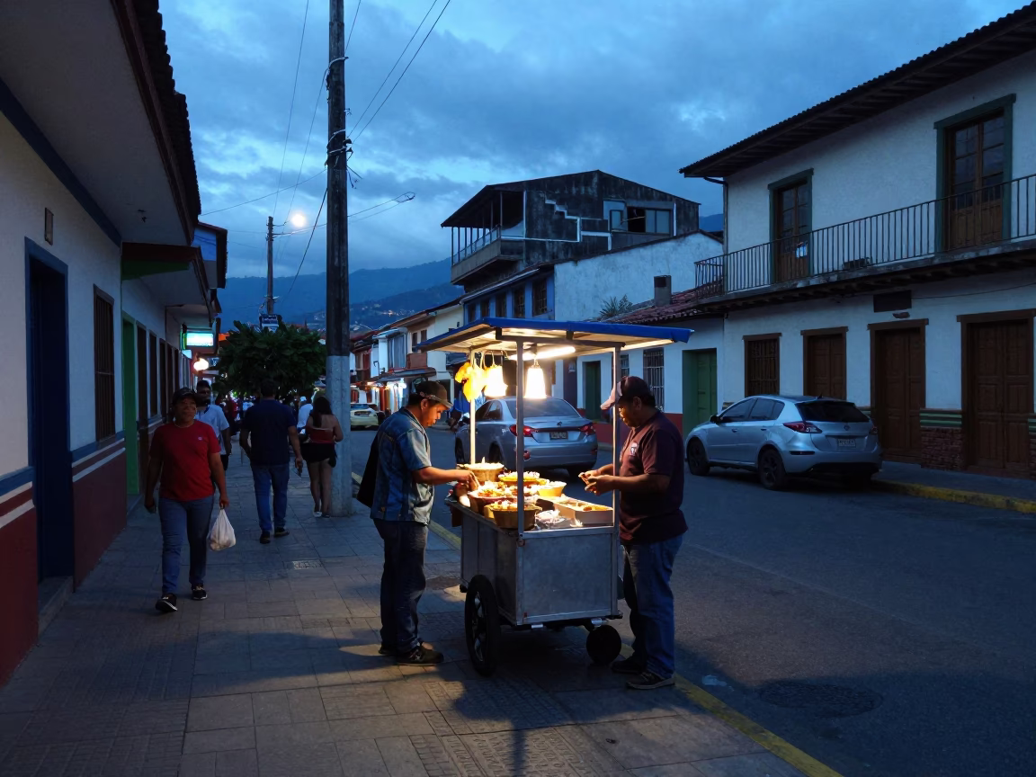 Medellin Colombia Evening Street Scene with Local Food and Urban Details in in Medellin, Colombia