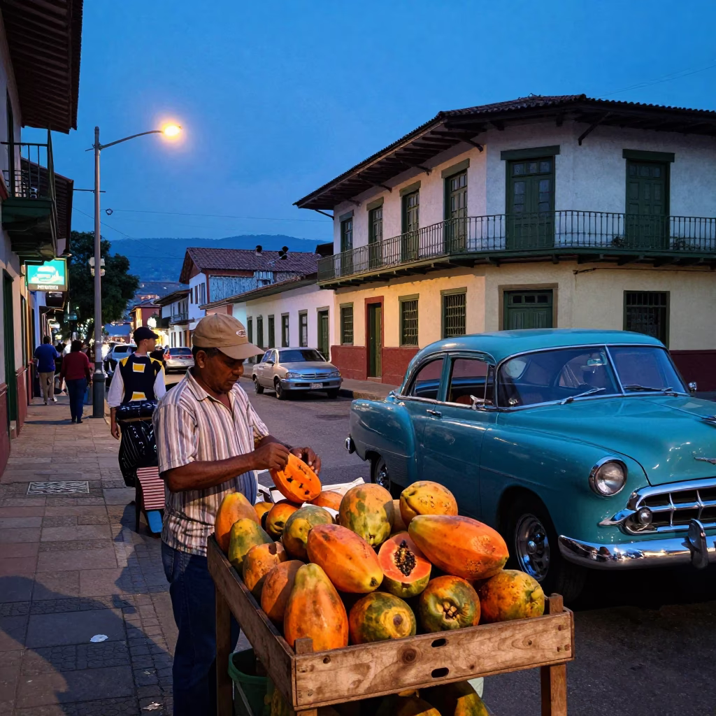 Medellin Colombia Evening Street Scene with Papayas and Vintage 1950s Charm in in Medellin, Colombia