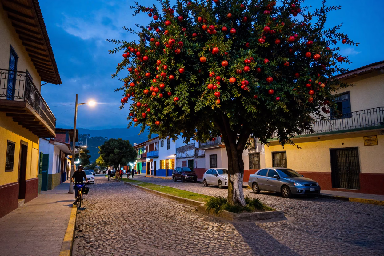Medellin Colombia Evening Street Scene with Pomegranate Tree and Local Market Life in in Medellin, Colombia
