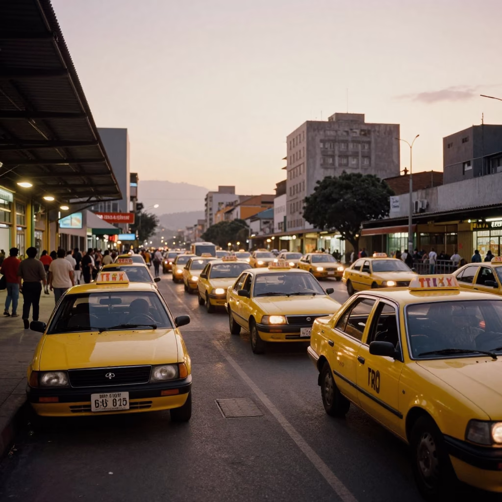 Medellin Colombia Evening Street Scene with Taxi Rank and Urban Life in in Medellin, Colombia