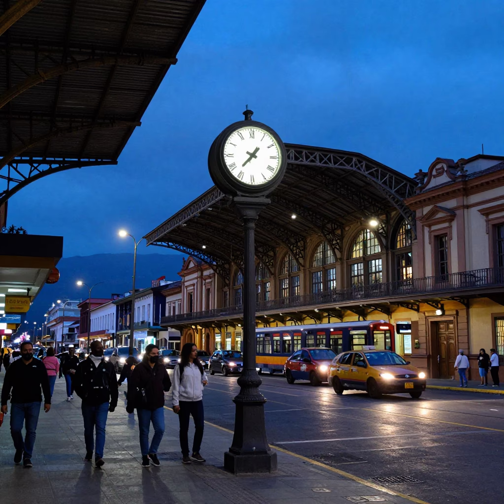 Medellin Colombia Evening Street Scene with Train Station Clock Under Iron Roof in in Medellin, Colombia