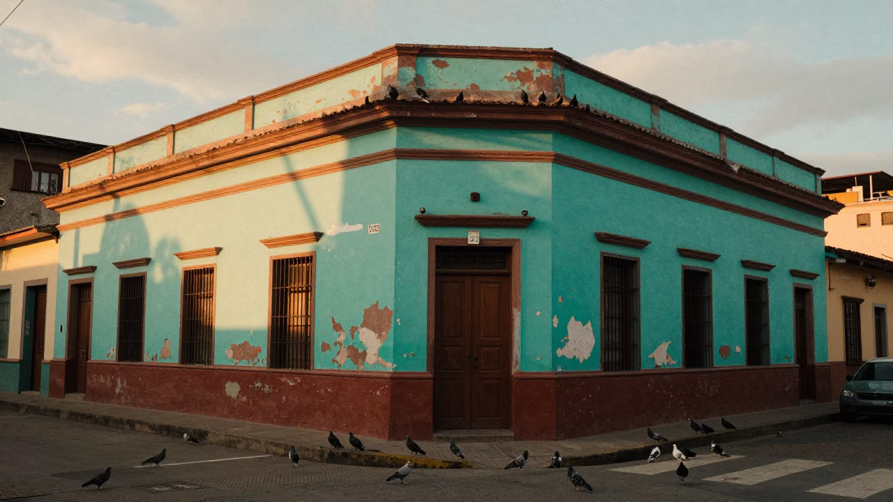 Medellin Colombia Evening Street Scene with Turquoise Paint and Pigeons in in Medellin, Colombia