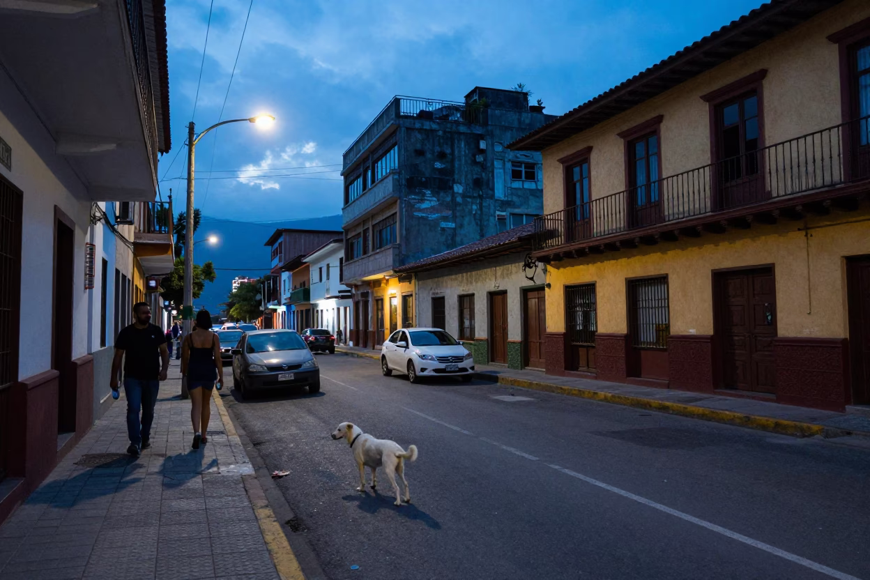 Medellin Colombia Evening Street Scene with White Dog and Rolling Carts in in Medellin, Colombia